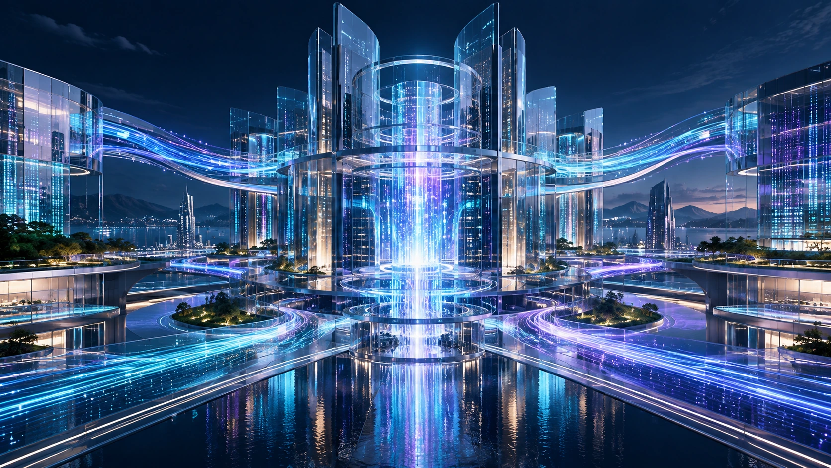 Futuristic AI-enabled enterprise with luminous interconnected data architecture