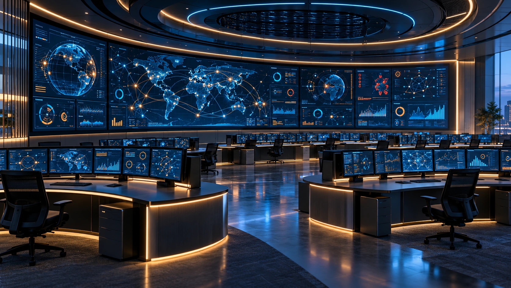 Unoccupied integrated operations centre with network, security and application dashboards