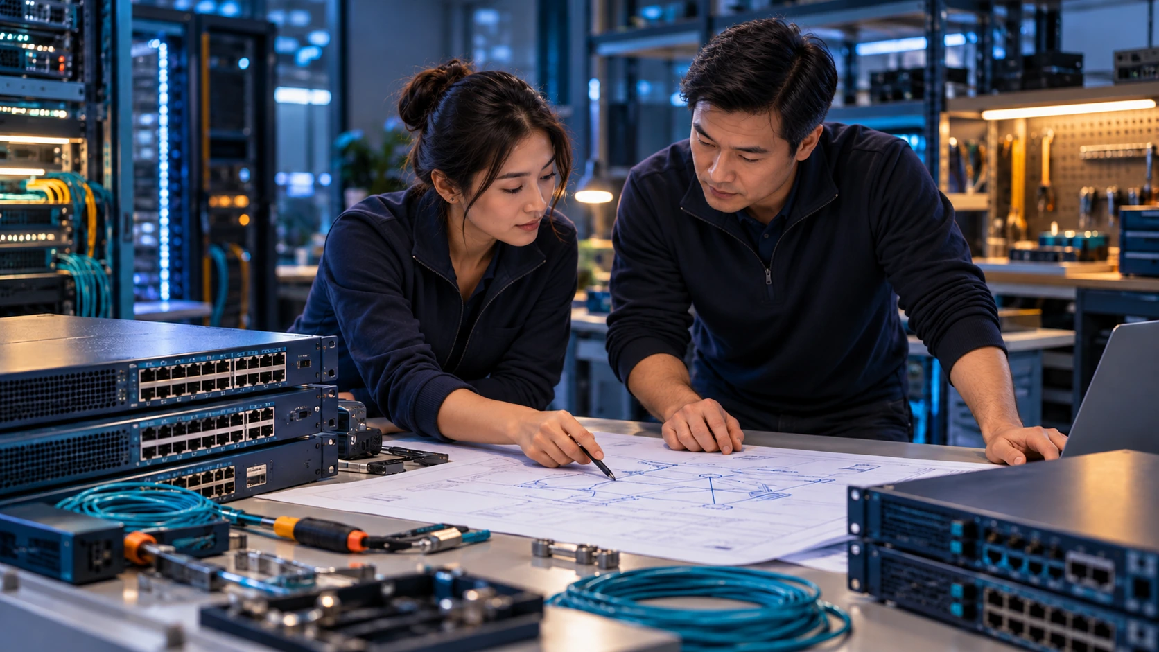 Conceptual engineers planning a deployment beside staged network equipment