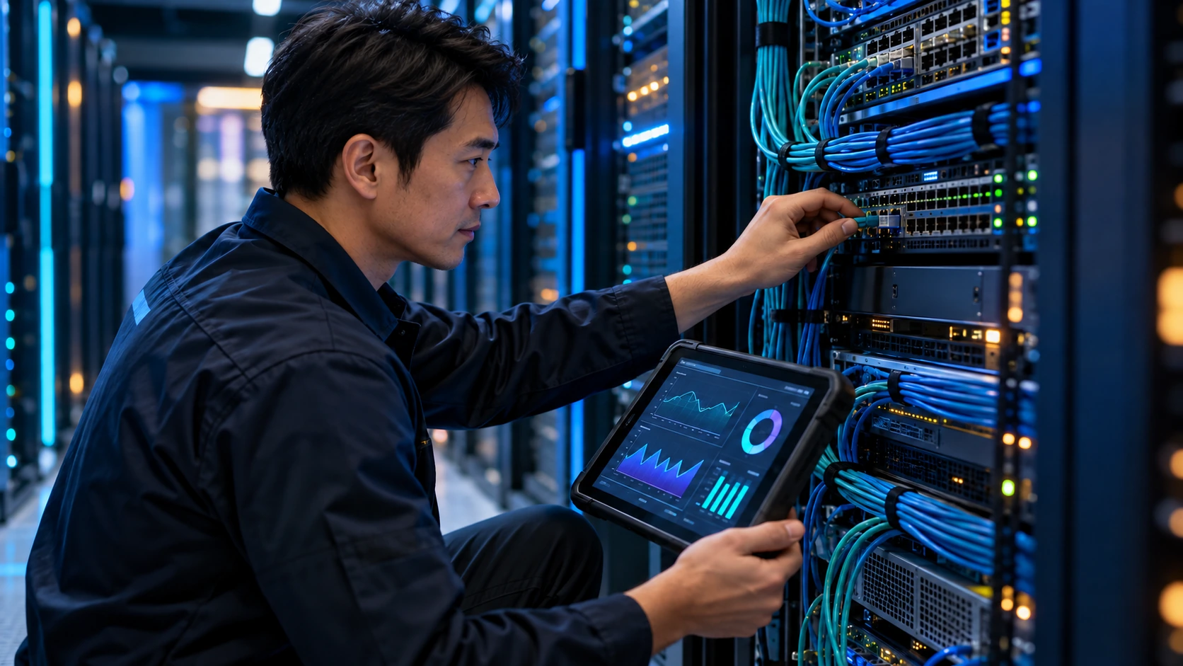 Conceptual field engineer inspecting network connections with a diagnostic tablet