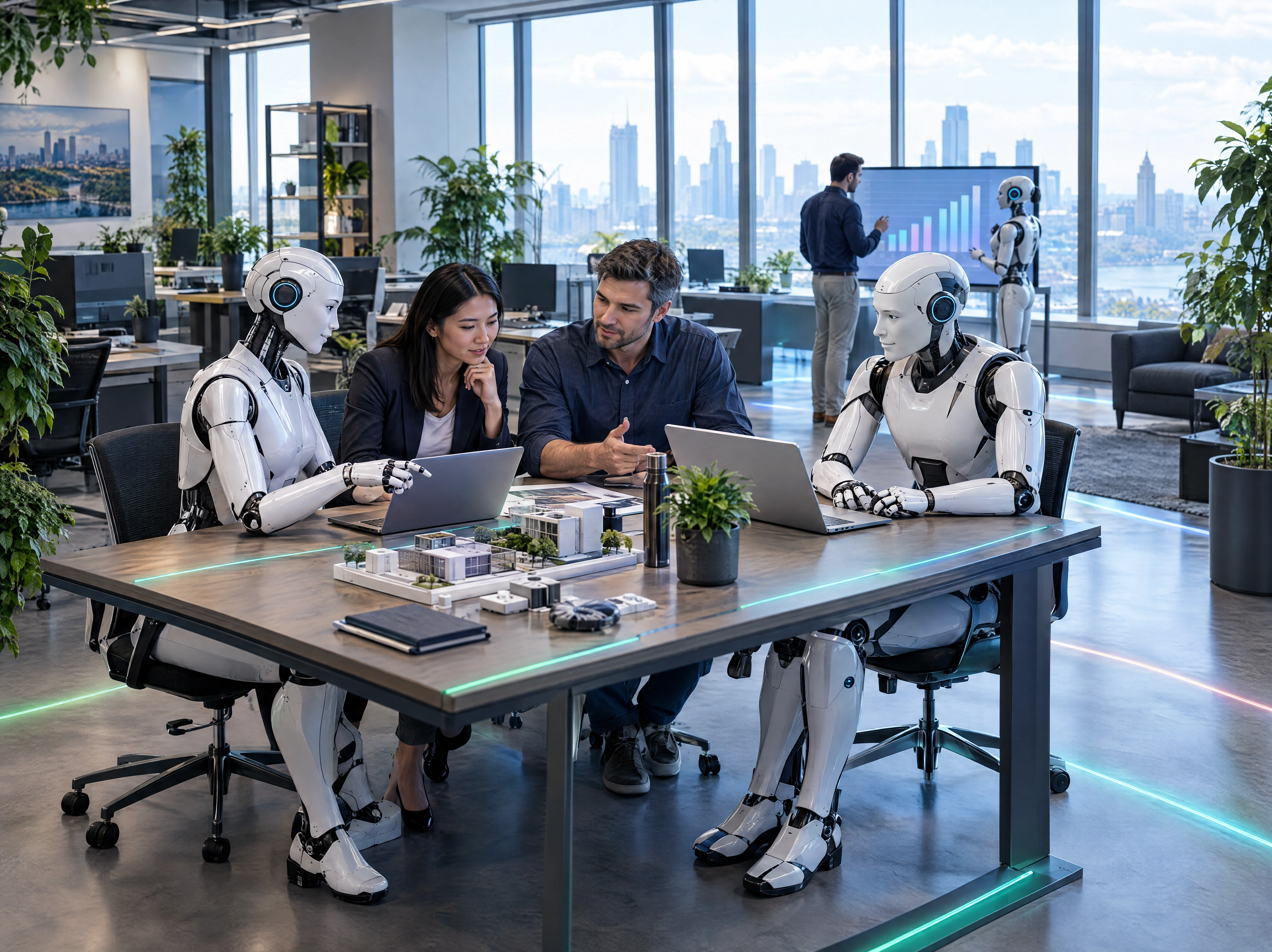 Humans and android colleagues working together in a bright office