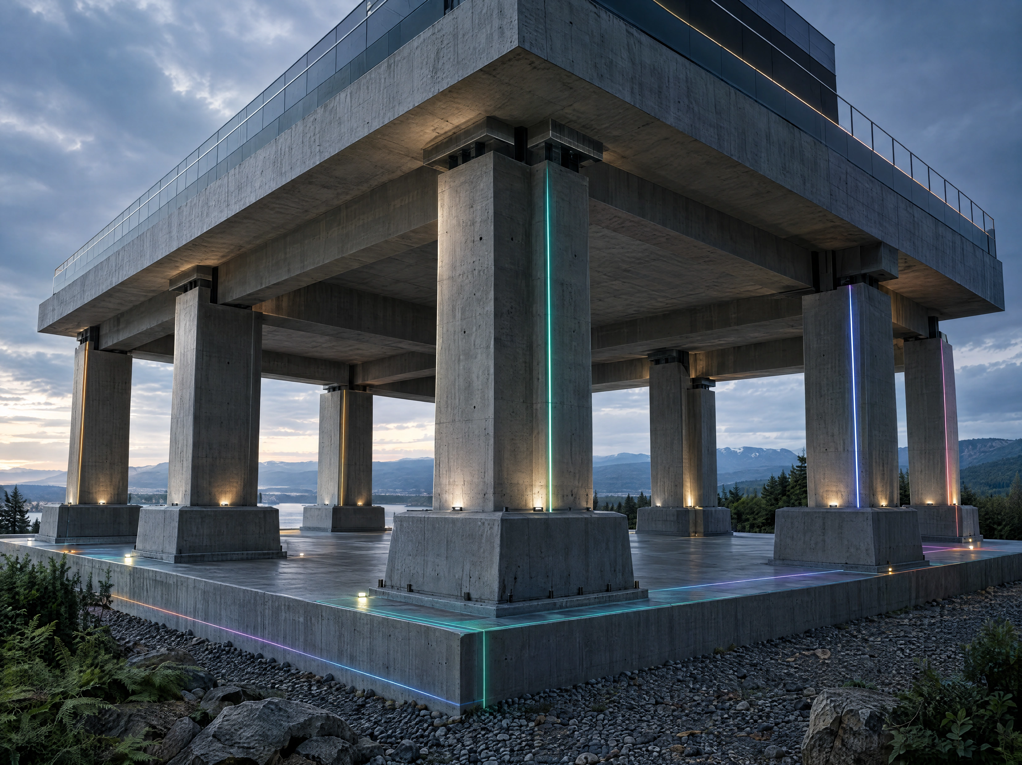 Massive concrete pillars supporting a substantial building platform on a solid foundation