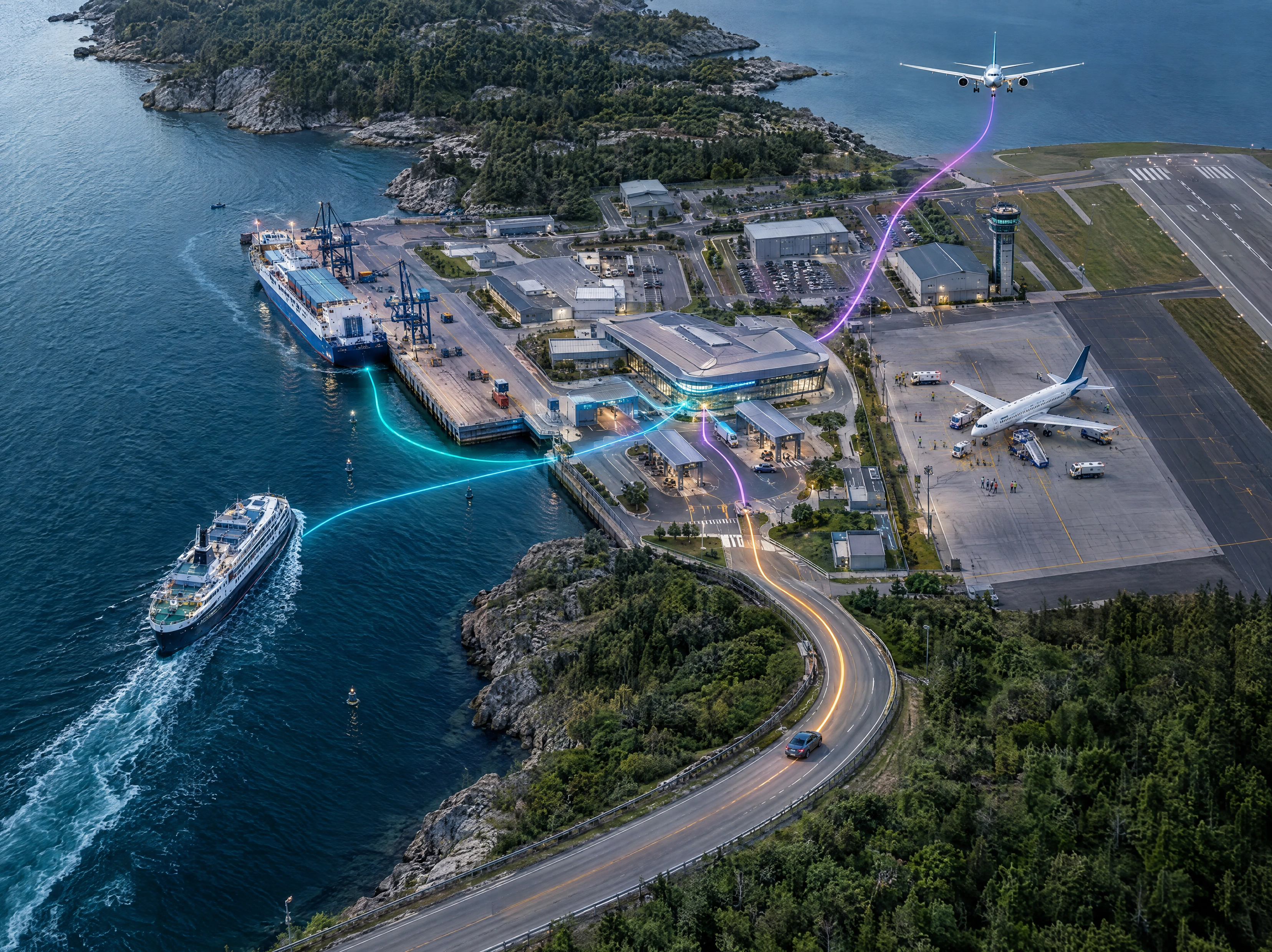 Aerial view of ships, cars and aircraft converging on a shared coastal assessment hub