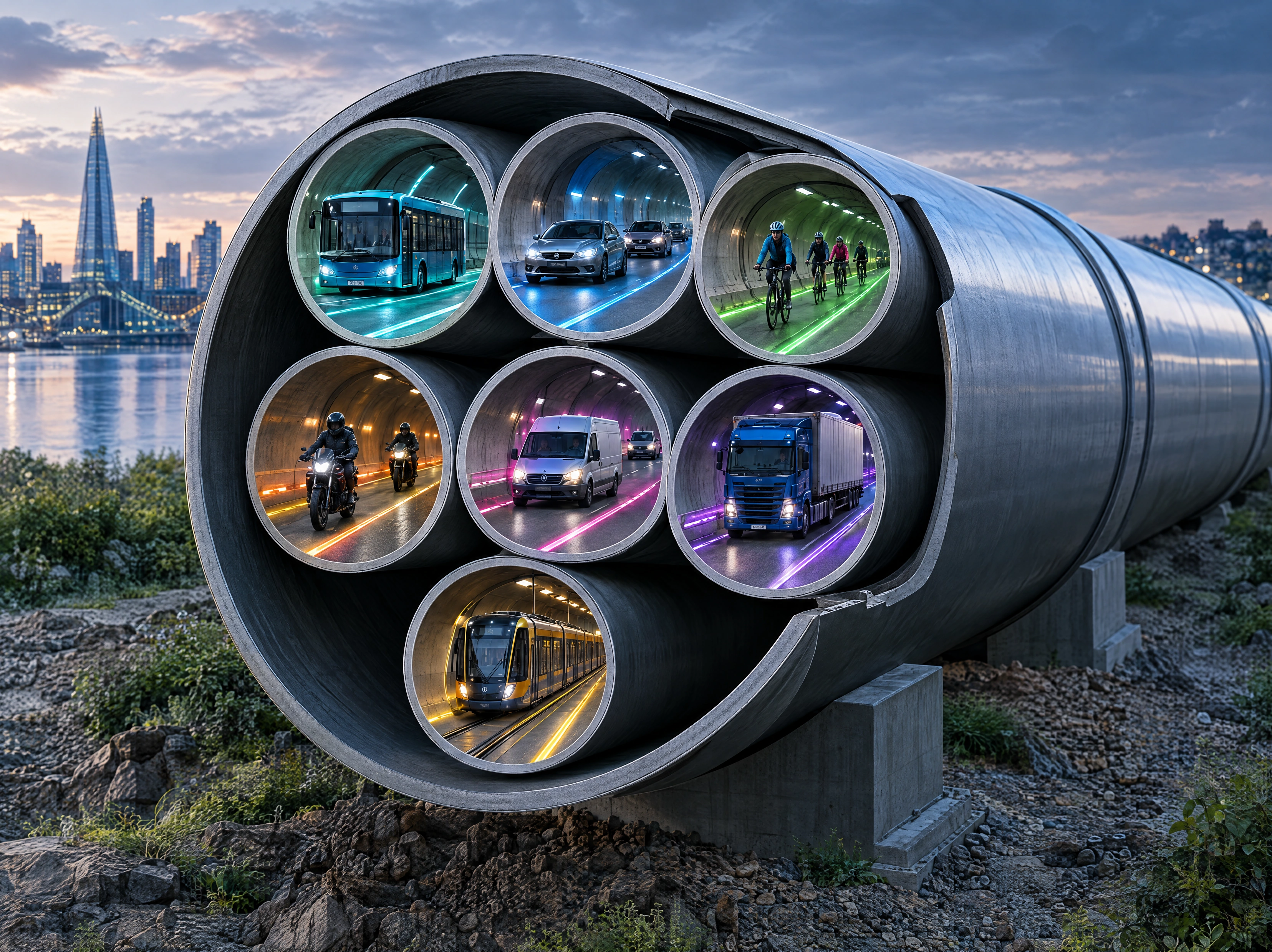 A large pipe containing smaller transport tunnels for buses, cars, bicycles, motorcycles, vans, trucks and rail