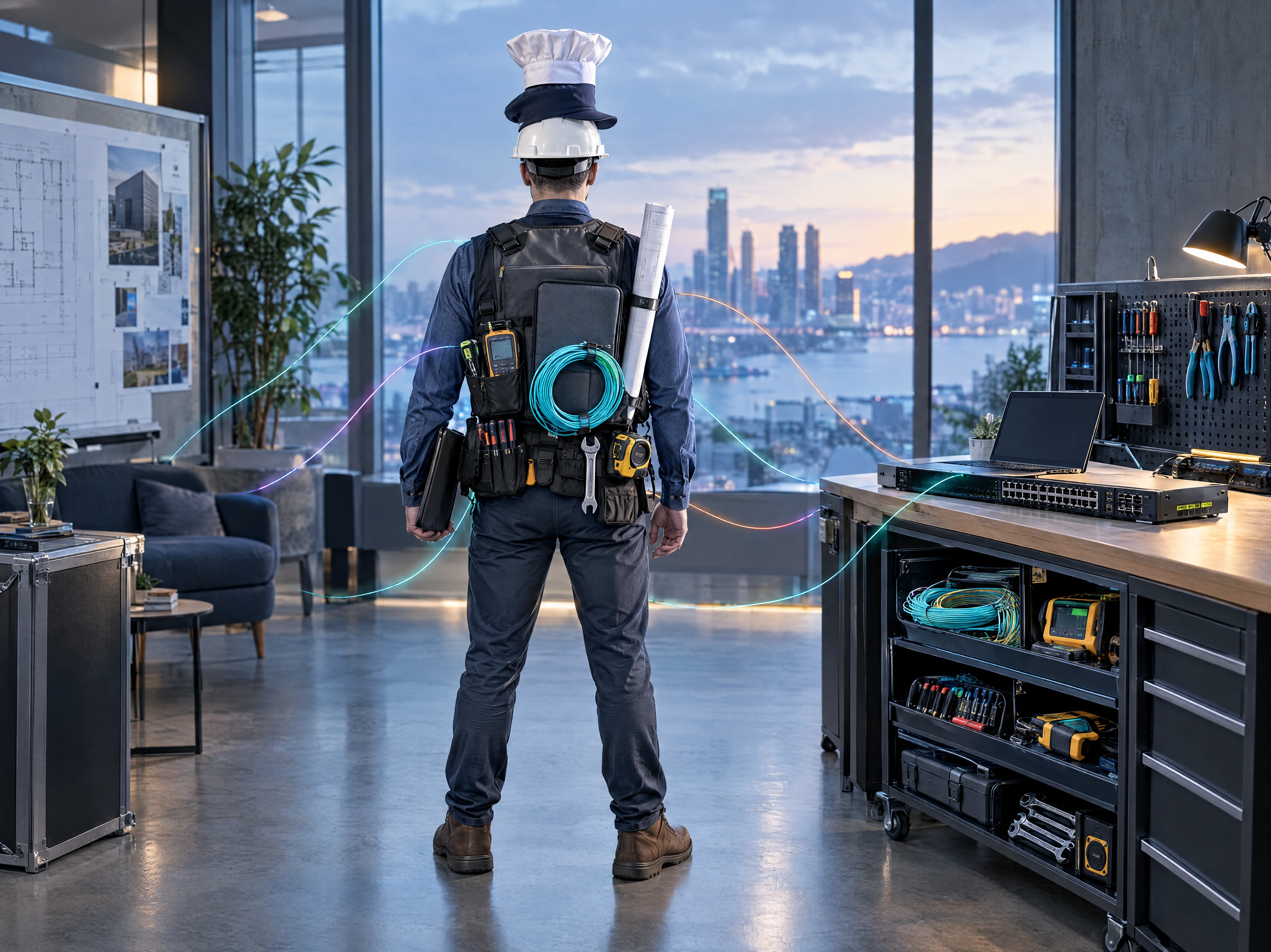 Rear view of a professional wearing several hats and carrying tools for multiple engineering disciplines