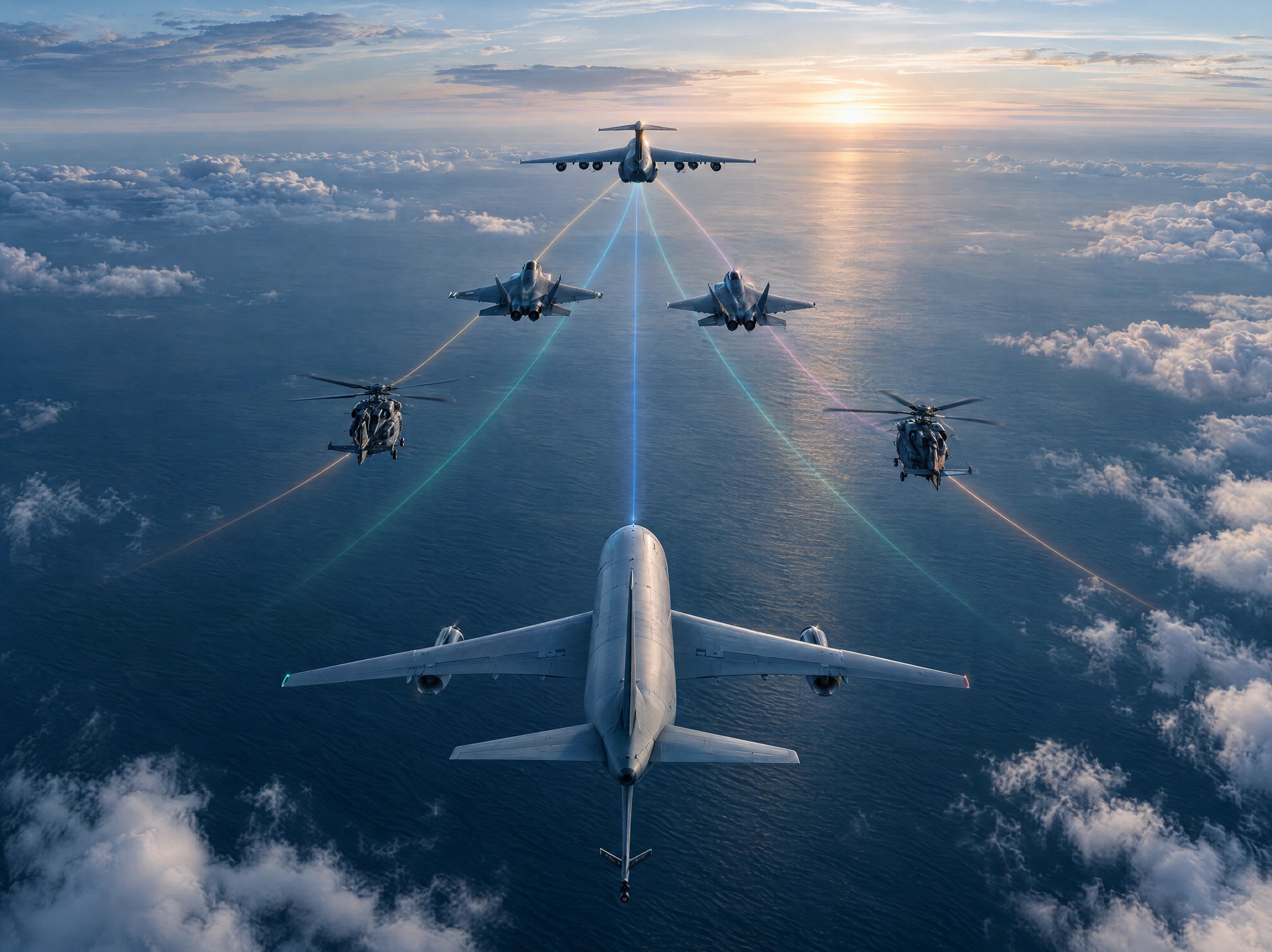 A lead military aircraft supported by trailing fighter jets, helicopters and an aerial refuelling tanker above the ocean