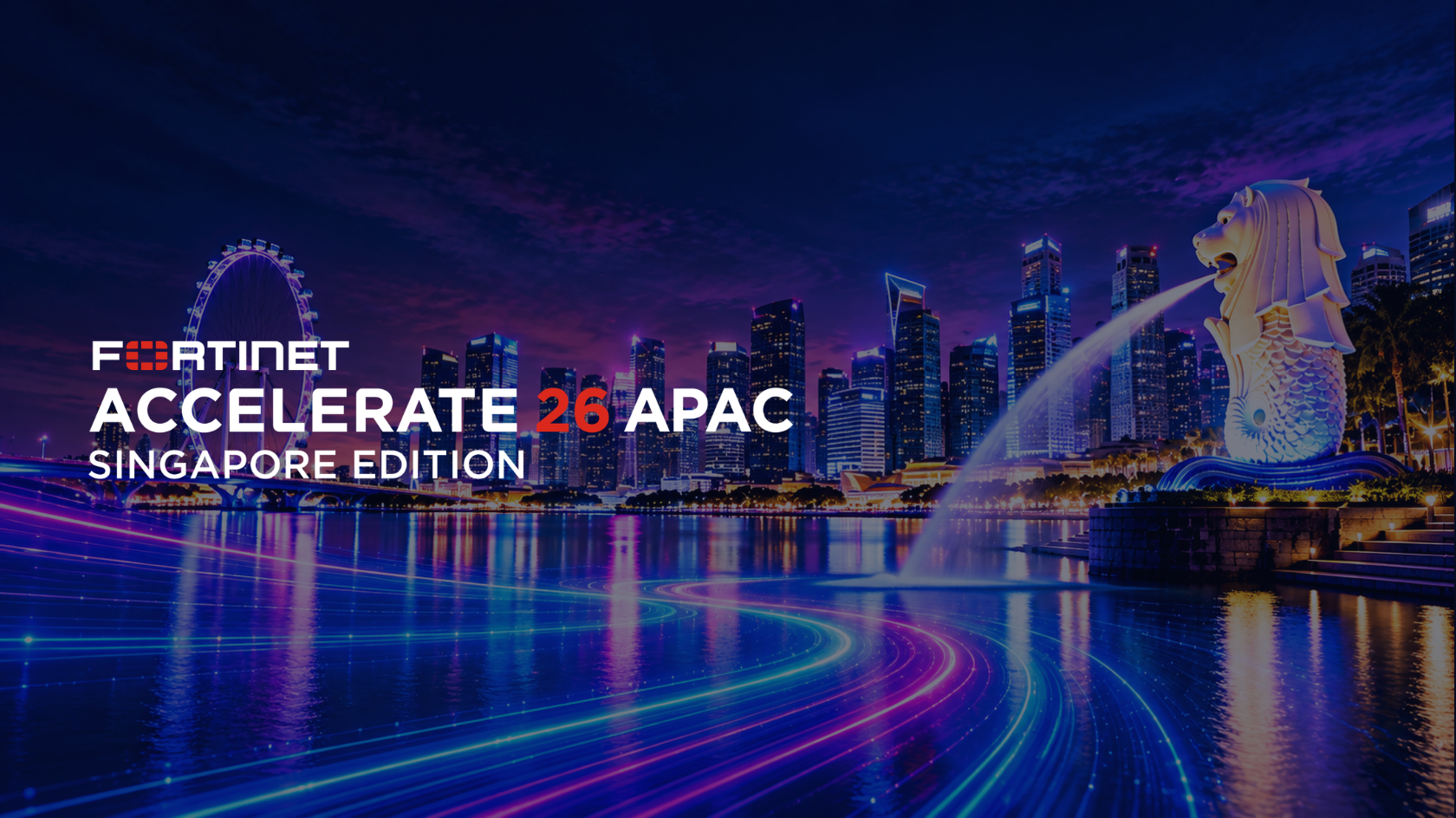 Fortinet Accelerate 26 APAC Singapore Edition artwork featuring Singapore’s skyline and Merlion